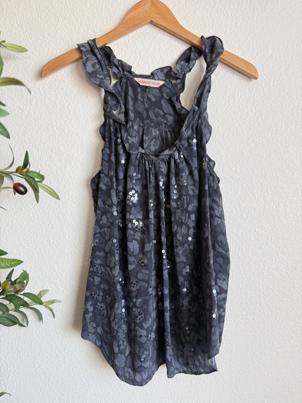 Rebecca Taylor Silk Blend Ruffle Sequin Top Gray Animal Print Women’s Size 10